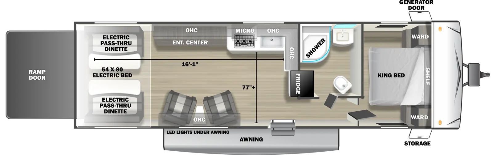 The 2730SRX travel trailer has no slide outs, 1 entry door and 1 rear ramp door. Exterior features include an awning with LED lights, front door side storage and front off-door side generator door. Interior layout from front to back includes: front bedroom with foot-facing King bed, shelf over the bed, and front corner wardrobes; off-door side bathroom with shower, linen storage, toilet and single sink vanity; off-door side kitchen with L-shaped countertop, overhead microwave, overhead cabinets, sink and rear facing refrigerator; door side overhead cabinet over 2 recliners with end table; off-door side entertainment center with overhead cabinet; and rear 54 x 80 electric bed over electric pass-through dinette. Cargo length from rear of unit to kitchen countertop is 16 ft. 1 in. Cargo width from kitchen countertop to door side wall is 77 inches.